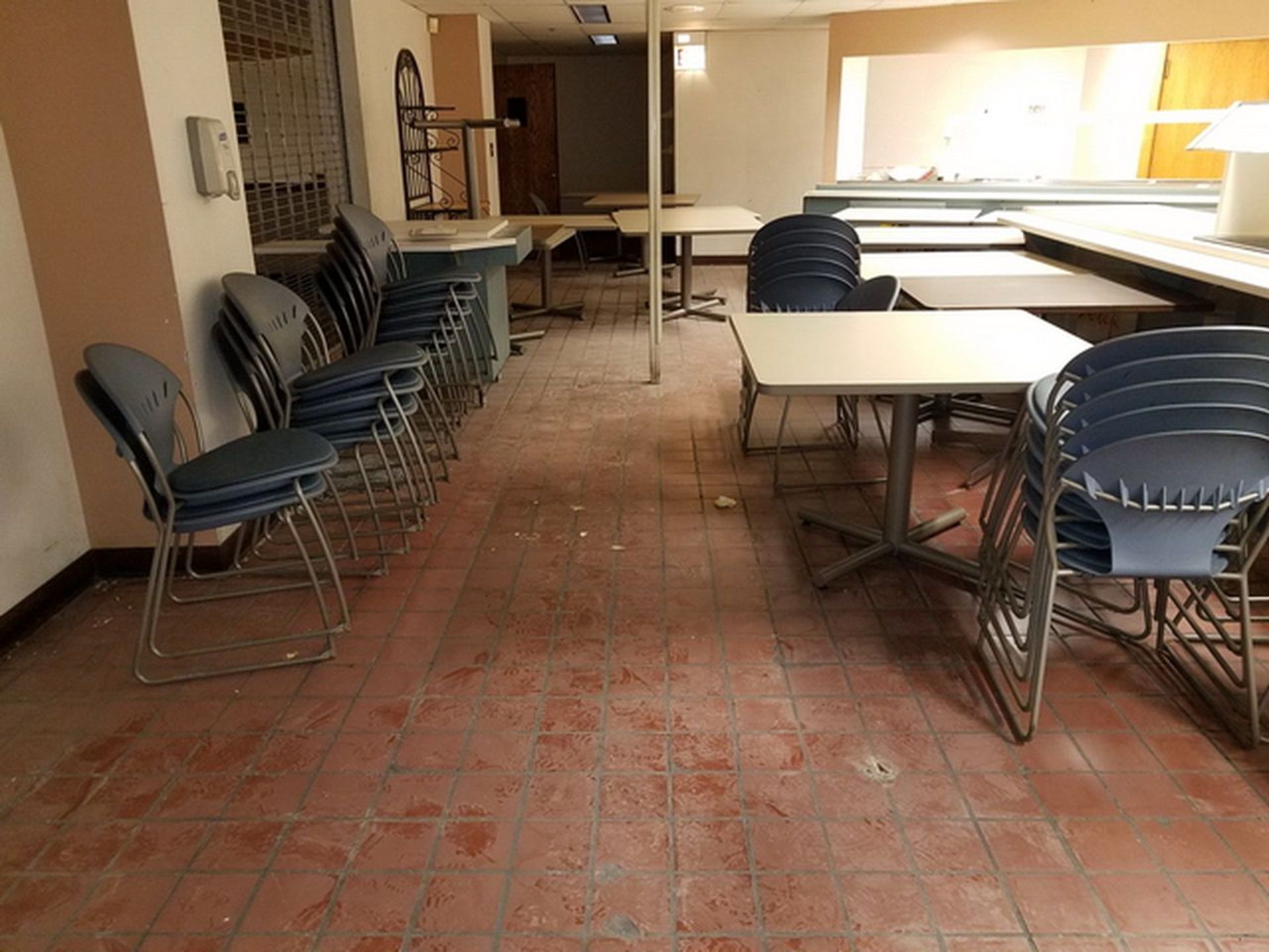 Lot of (17) Formica Top Cafeteria Tables, 42" x 42", includes 29 stacking chairs. Loc: Basement