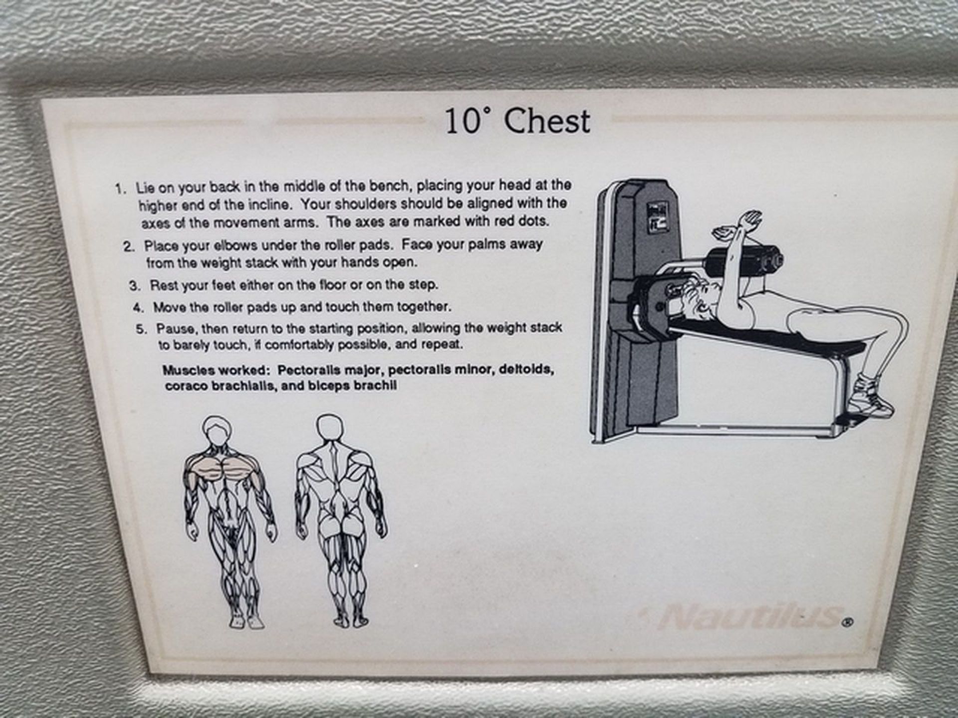 Nautilus 10-Degree Chest Station, 250-lbs. weight selection. A# 32519 Loc: Basement Fitness Room. ( - Image 2 of 3