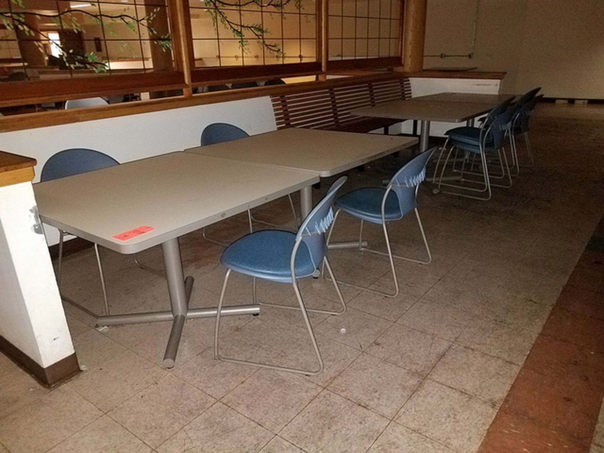 Lot of (4) Formica Top Cafeteria Tables, 42" x 42", includes 8 stacking chairs. Loc: Basement