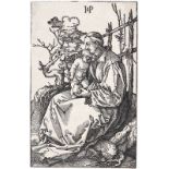 HANS SEBALD BEHAM: Die heilige Jungfrau mit dem Kind und einer Birne auf einer Rasenbank.
