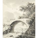CAREL FREDERIK BENDORP DER ÄLTERE: Blick durch einen Brückenbogen auf ein Städtchen am Fluss.
