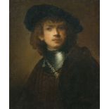 DEUTSCHER KÜNSTLER: Portrait des jungen Rembrandt mit Halsberge und Barett.