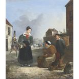 RAYMOND DE BAUX: Straßenszene mit Dame und Obsthändlerin.