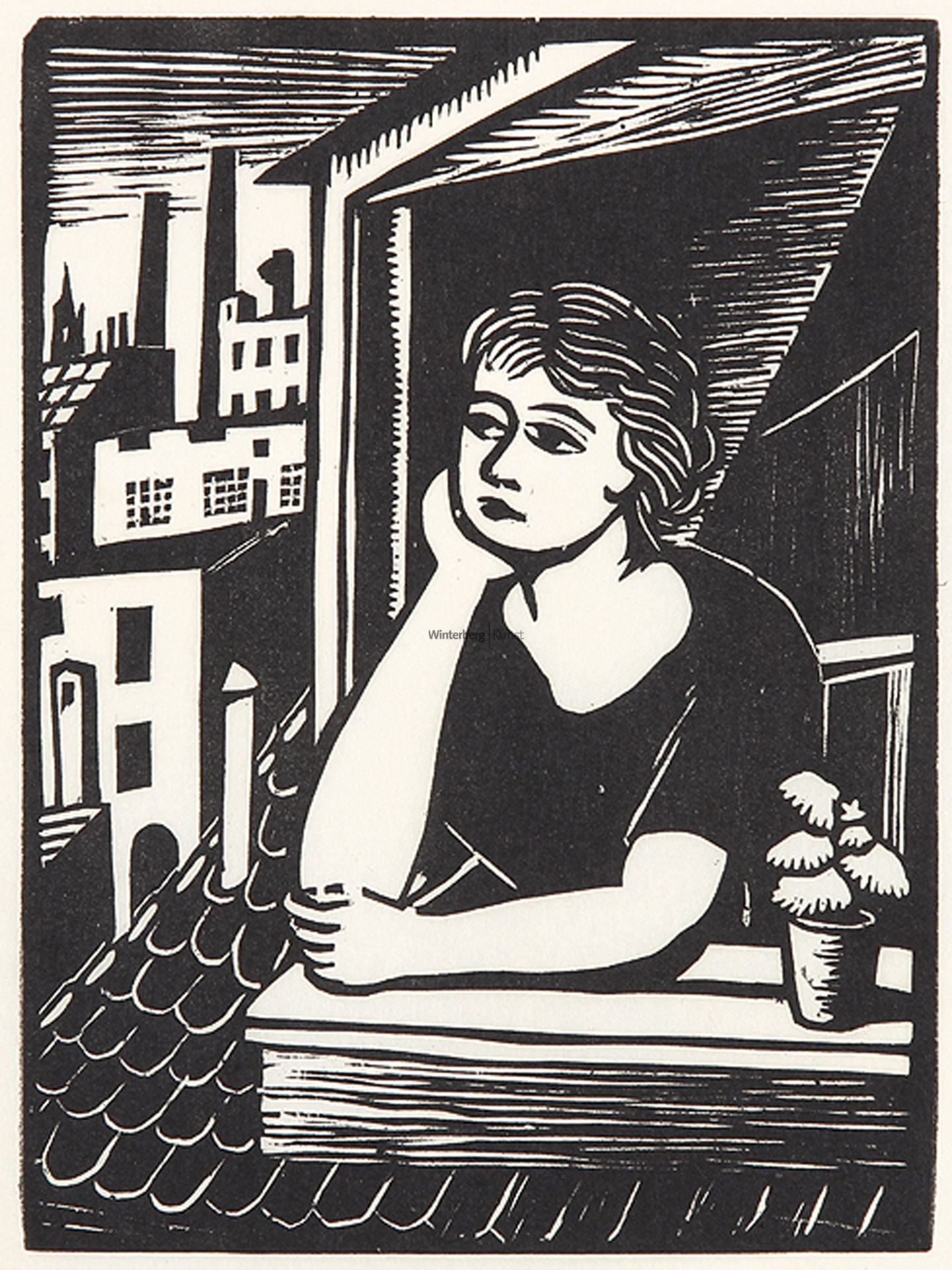 GEORG SCHRIMPF: Mädchen, aus einem Dachfenster schauend (Ausschauende).