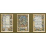 MINIATUREN: Biblische Szene sowie zwei Textblätter aus gedruckten Stundenbüchern mit floraler und f
