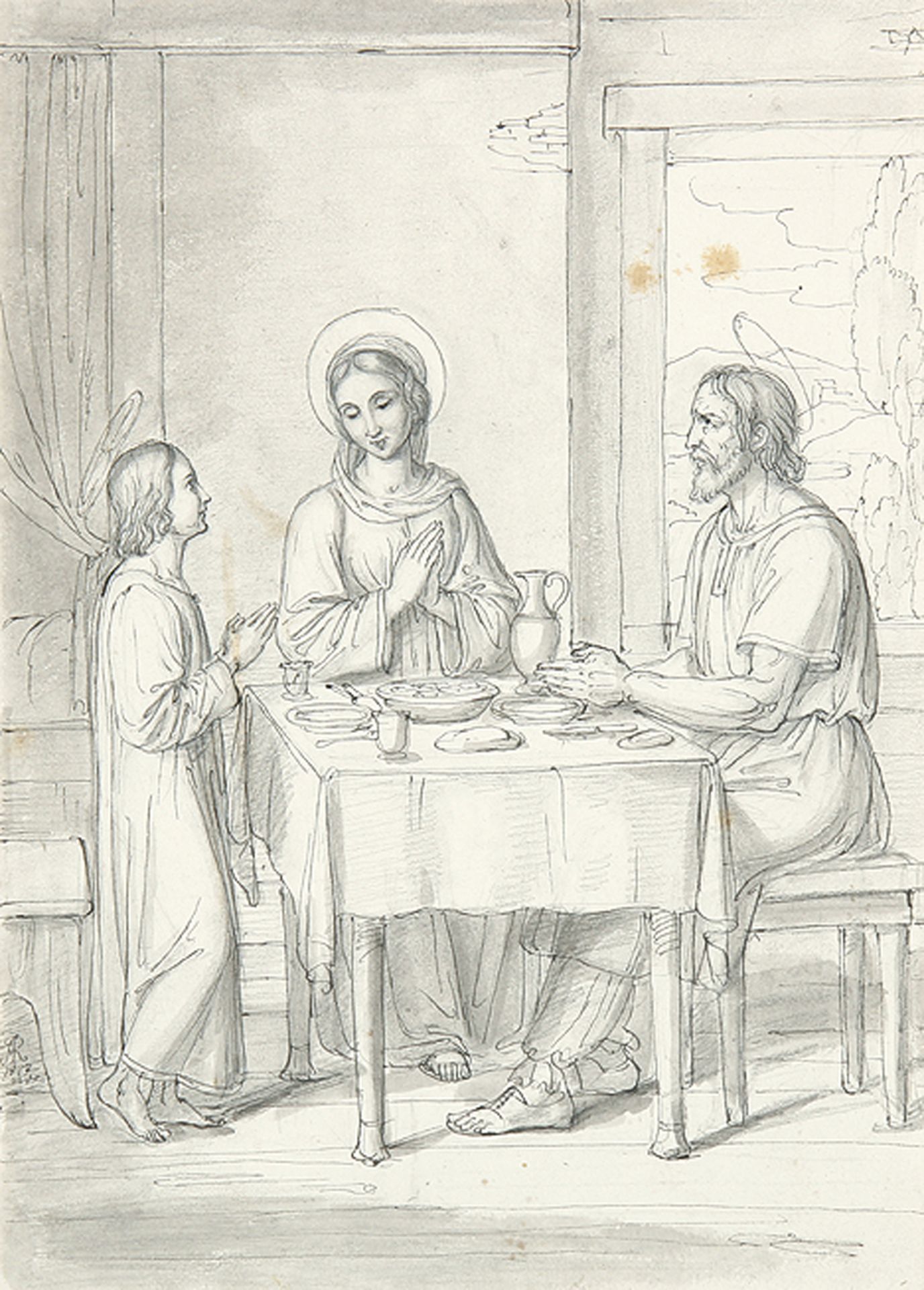 JOSEF ANTON RHOMBERG: Die Heilige Familie beim Tischgebet.