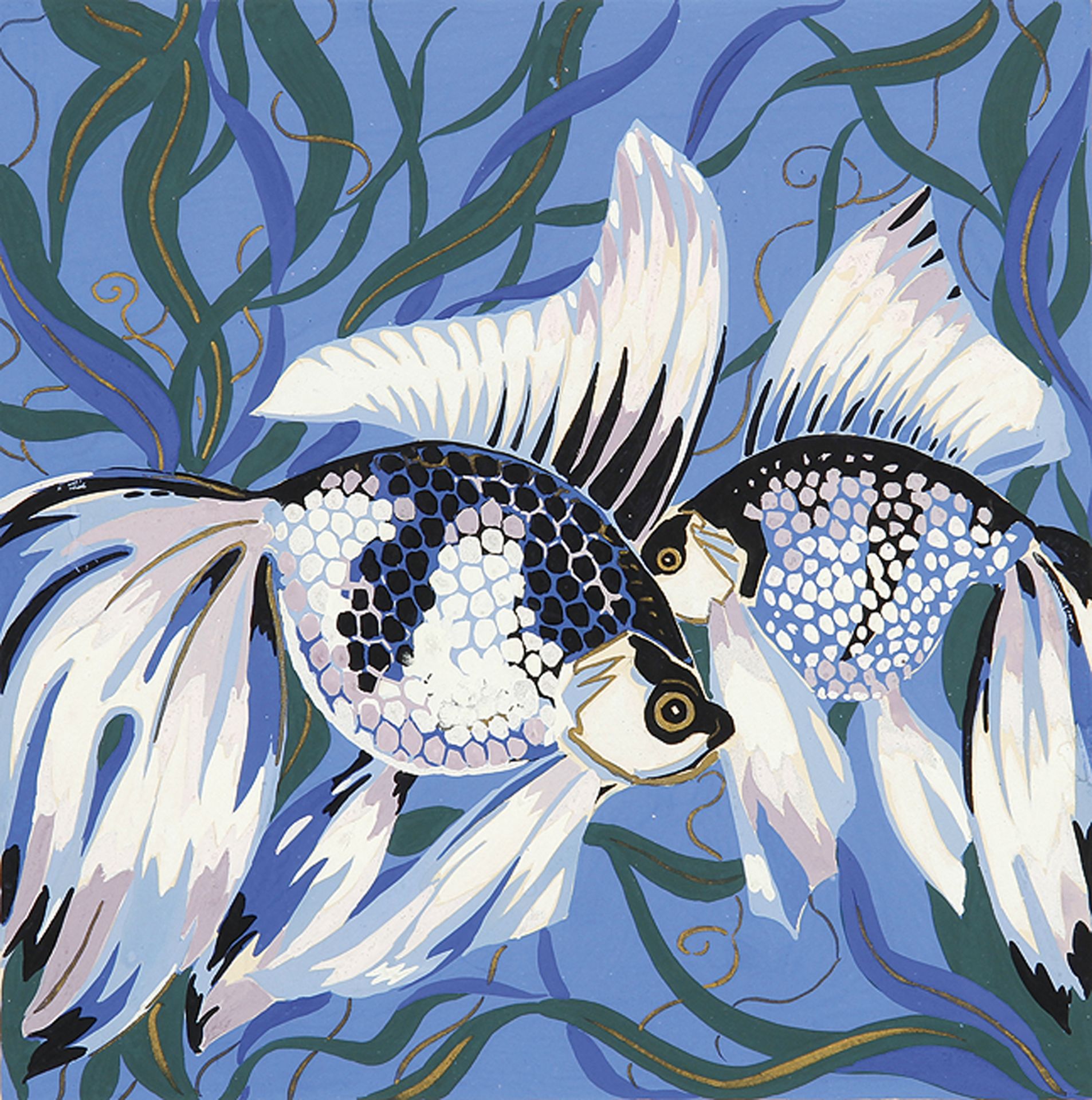 FRANZÖSISCHER KÜNSTLER: Blau-weißes Schleierschwanzpaar in einem Gewässer.
