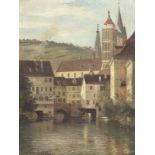 KARL WEYSSER: Esslingen, Blick vom Neckar auf die Stadtkirche St. Dionys und die Turmspitze der Fra