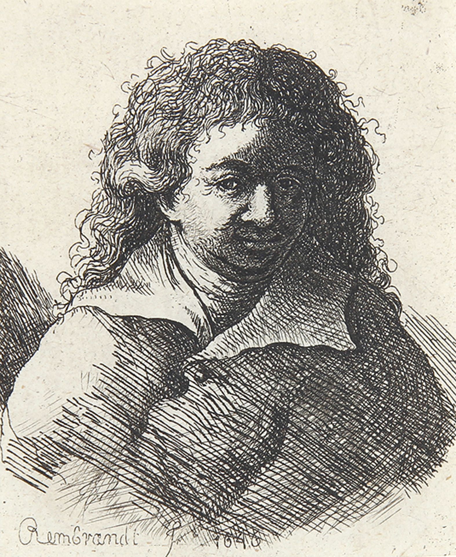 REMBRANDT - Kopien: Brustbild eines jungen Mannes mit lockigem Haar.