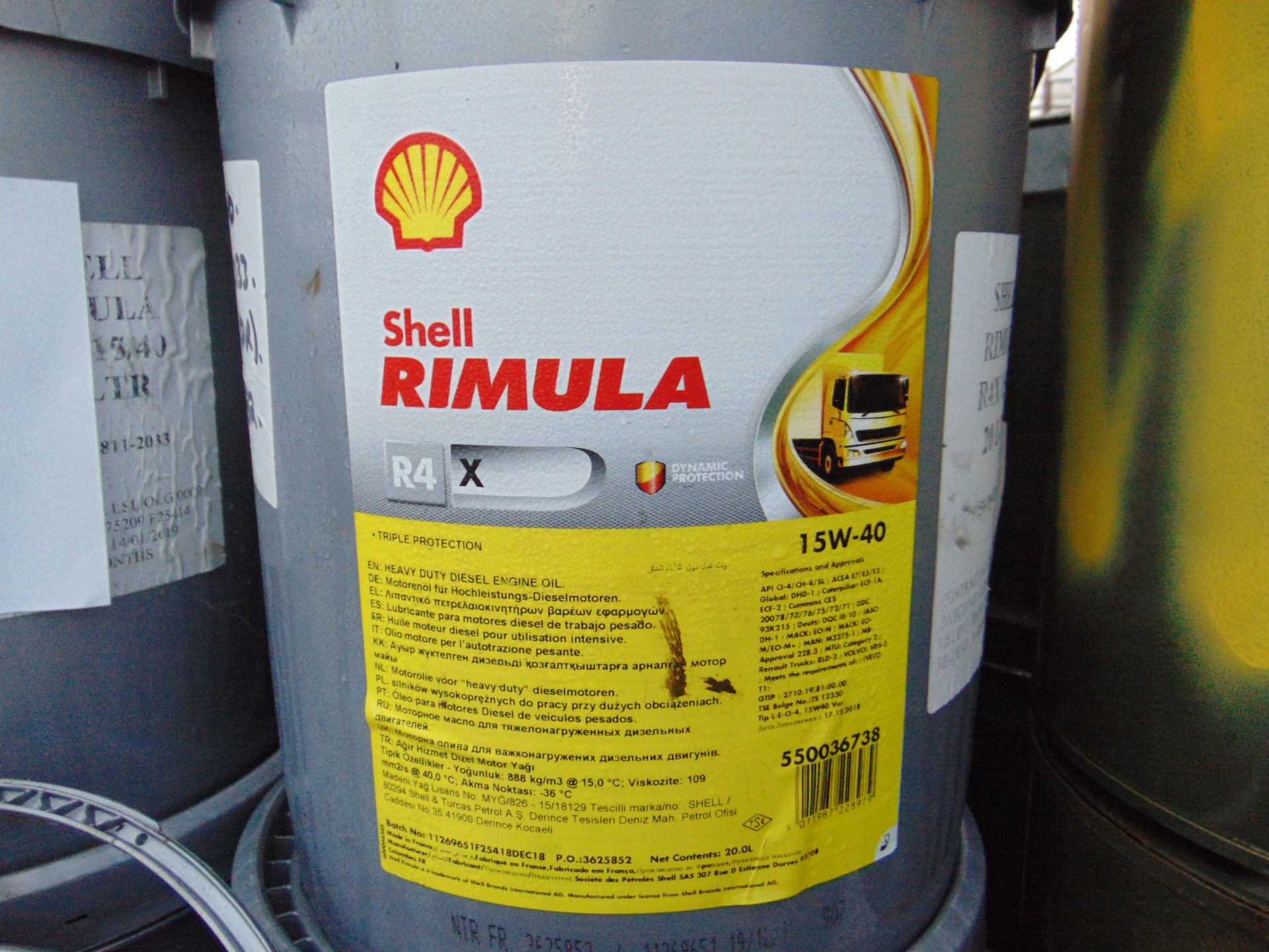 5 x Unissued 20L Sealed Drums of Shell Rimula R4X 15-W-40 Heavy Duty Diesel Engine Oil - Image 2 of 3