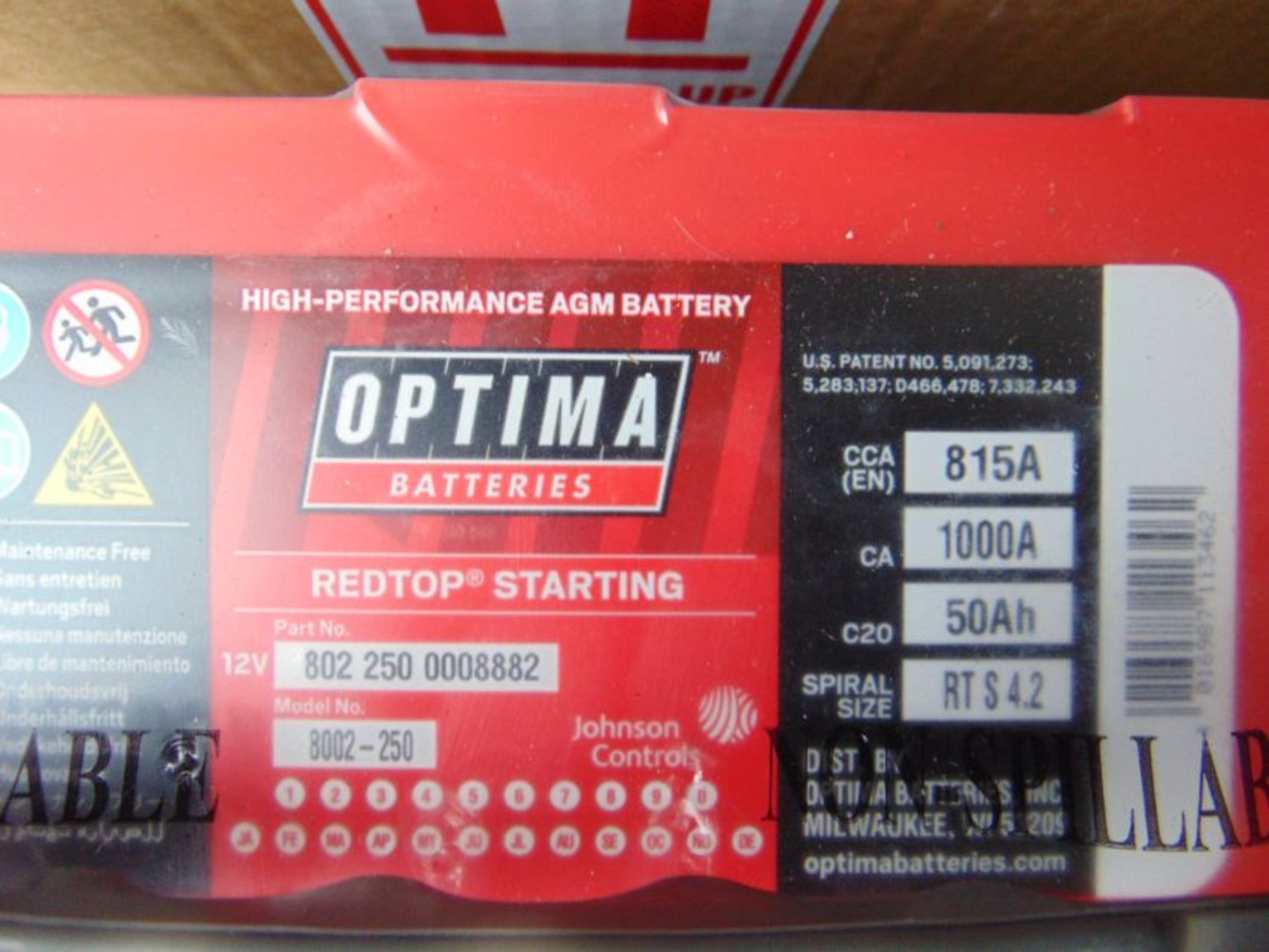 2 x Unissued RTS 4.2 Optima Red Top 12v Starting Batteries – (8002-250) RTS4.2 AGM - Image 3 of 3