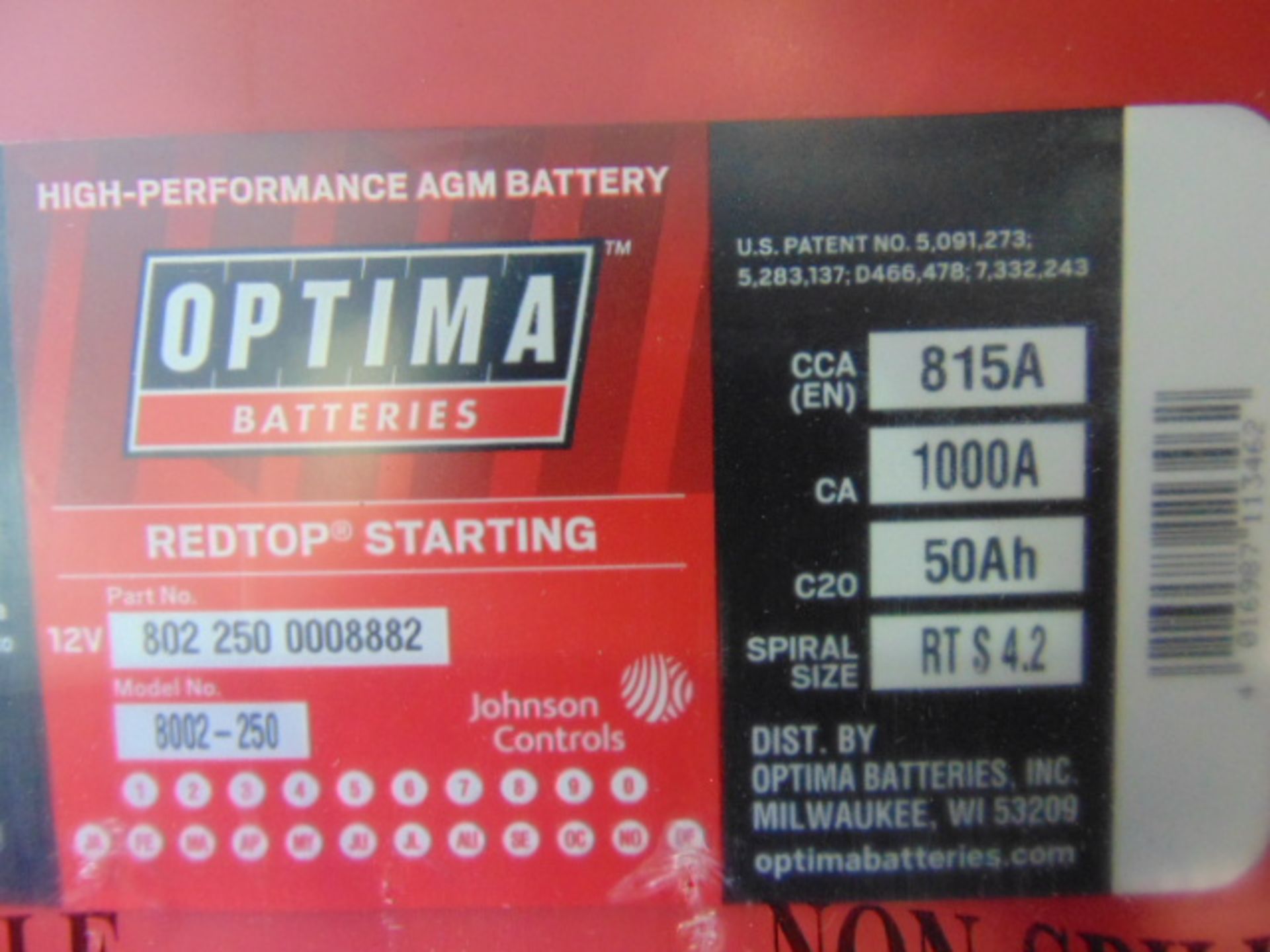4 x Unissued RTS 4.2 Optima Red Top 12v Starting Batteries – (8002-250) RTS4.2 AGM - Image 4 of 4