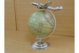 Beautiful Model of Polished Aluminium 4 Engine Aircraft Mounted on top of High Quality Globe