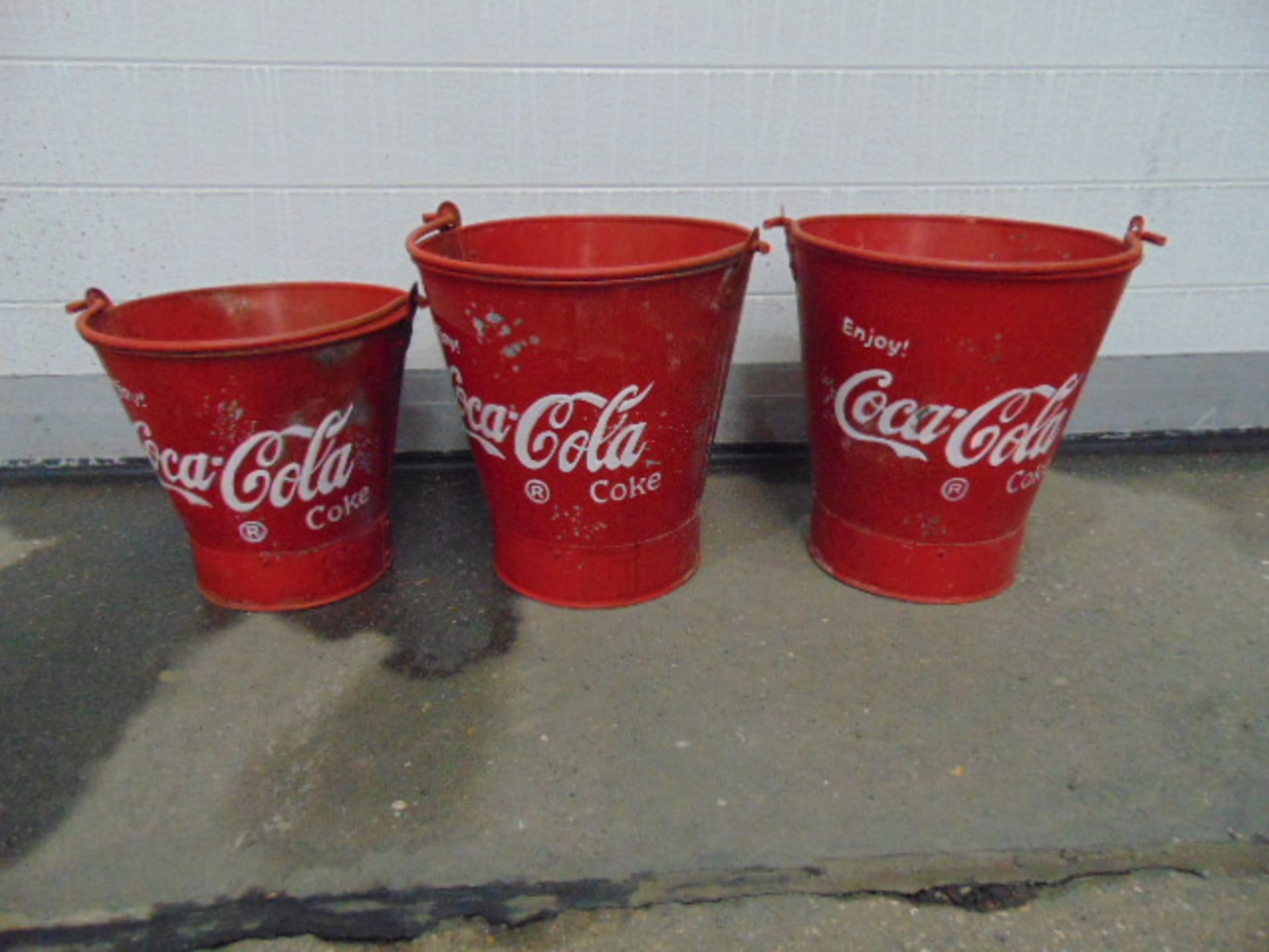 SET OF 3 COCA-COLA FIRE BUCKETS FOR PUTTING ICE/COLD DRINKS IN VERY UNUSUAL