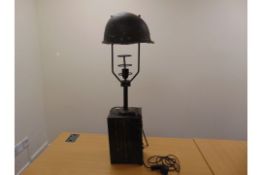 VERY UNUSUAL TABLE LAMP MADE FROM COMBAT HELMET AND 50 CAL AMMO BOX