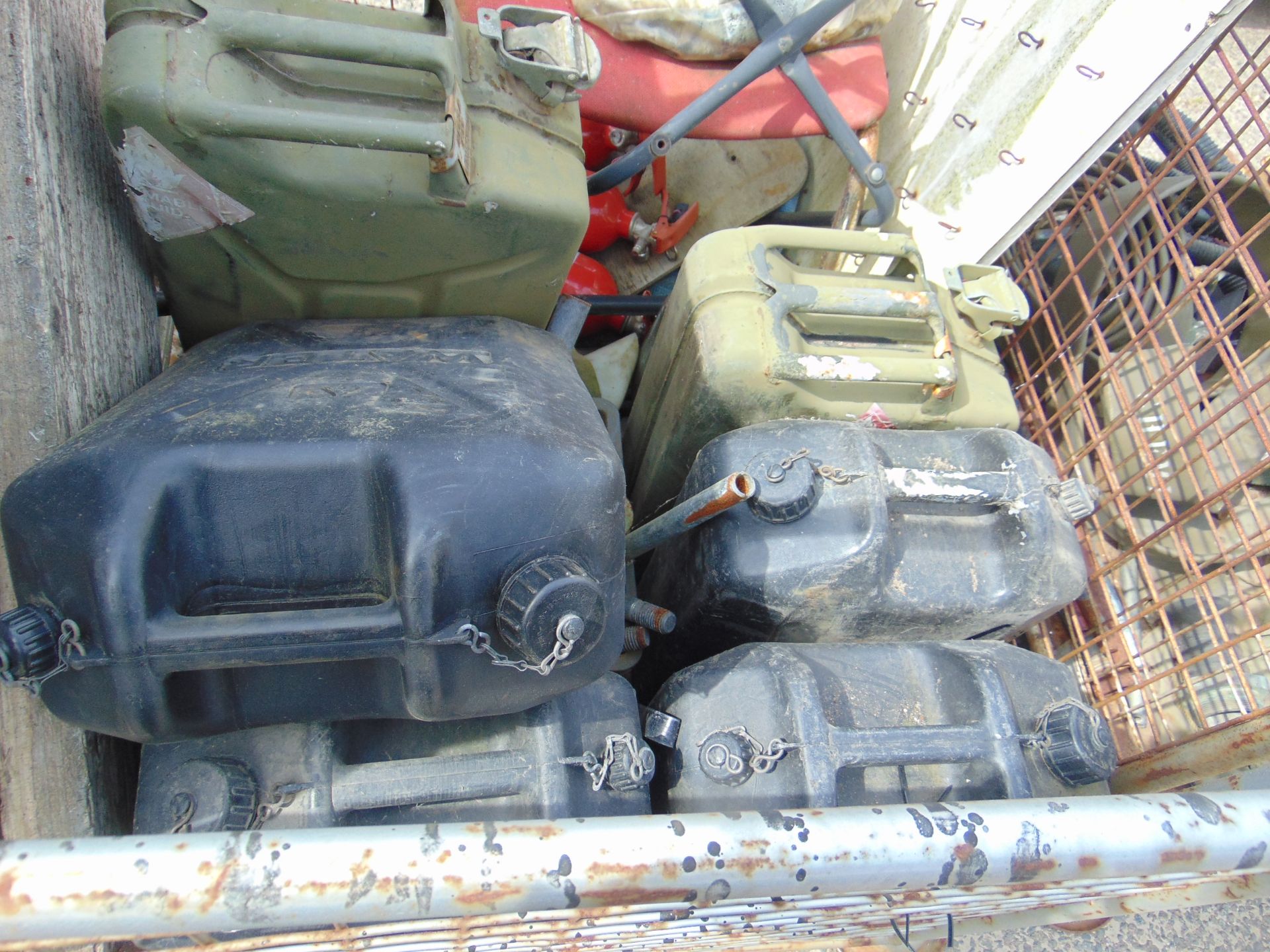 JERRY CANS, WATER CANS, KEY BOARD, FIRE EXTINGUISHERS, TABLE, ETC - Image 2 of 4