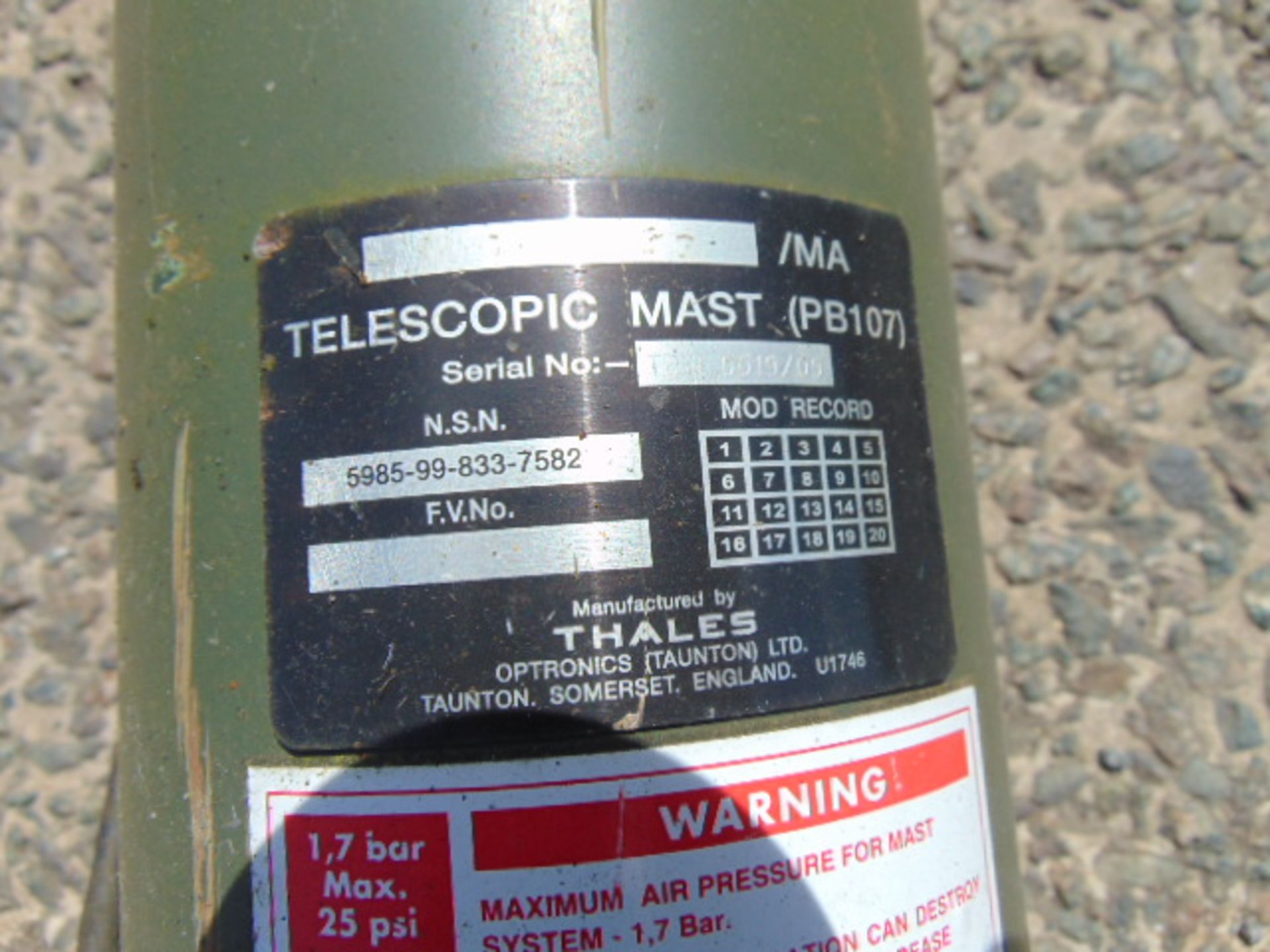 Unissued Clark/Thales Pneumatic Mast Assy with Hand Pump - Image 5 of 7