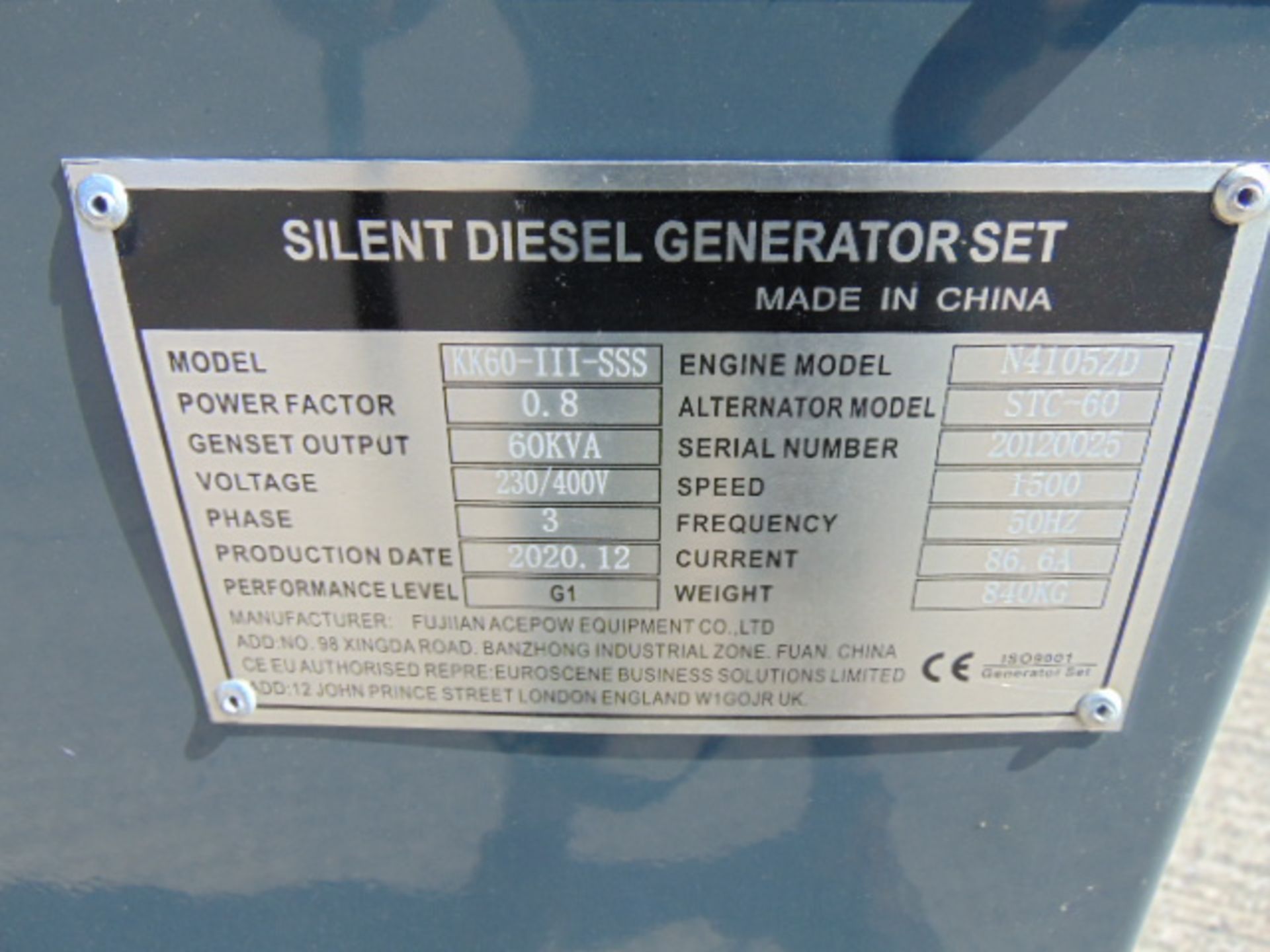 2020 UNISSUED 60 KVA 3 Phase Silent Diesel Generator Set - Image 20 of 20
