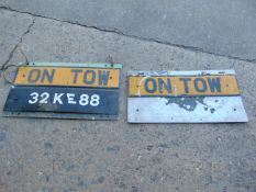 2 x "ON TOW" Vehicle Recovery Plates