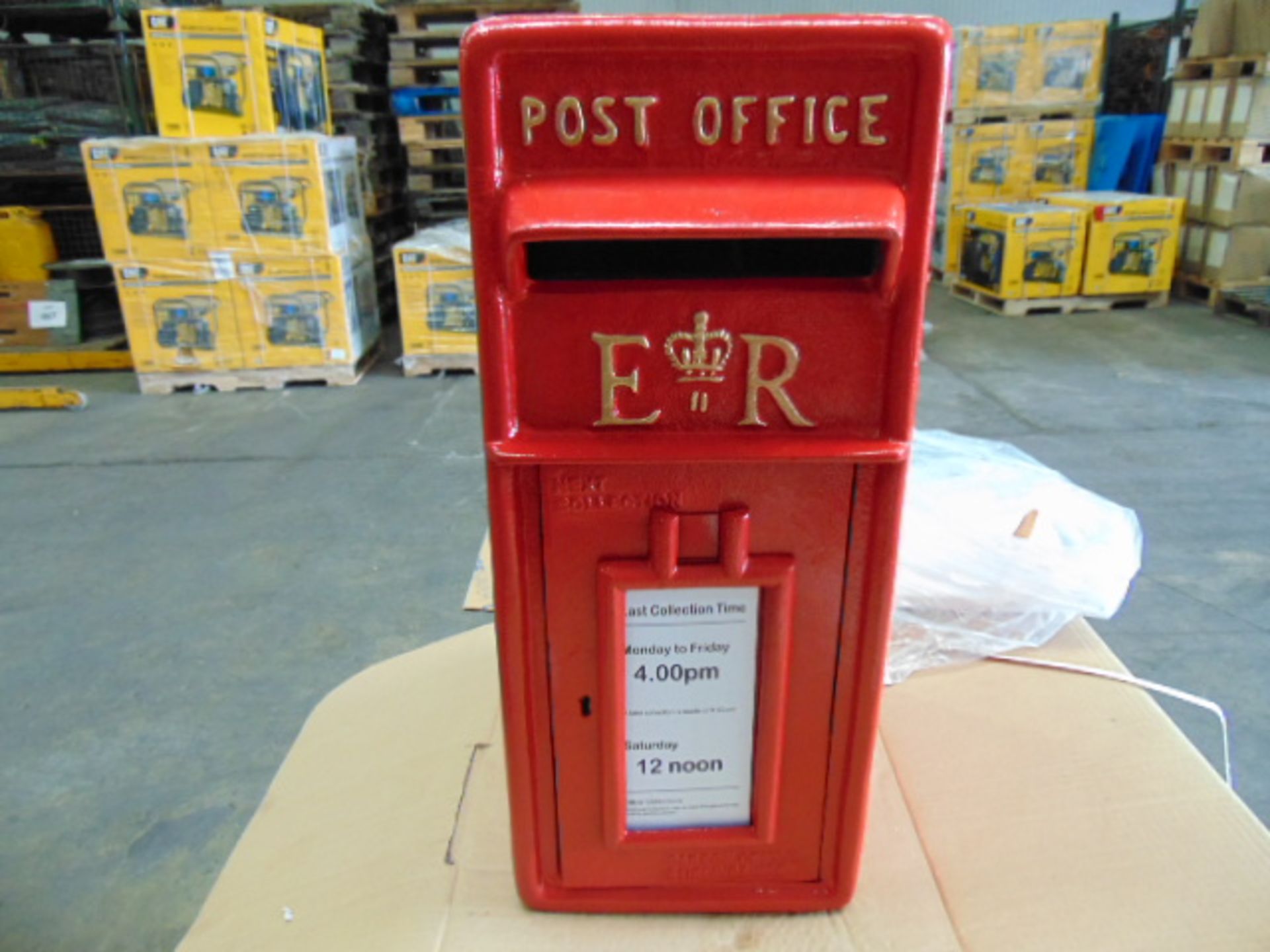 ER RED POST BOX C/W KEYS, COLLECTION TIMES, ETC