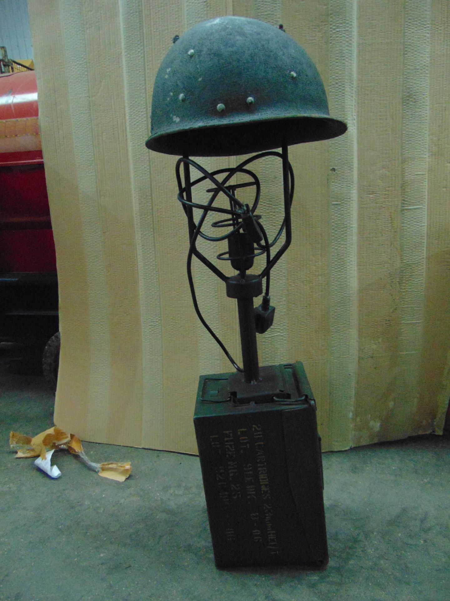 VERY UNUSUAL TABLE/SIDE LAMP MADE FROM ORIGINAL STEEL HELMET AND 50CAL AMMO BOX