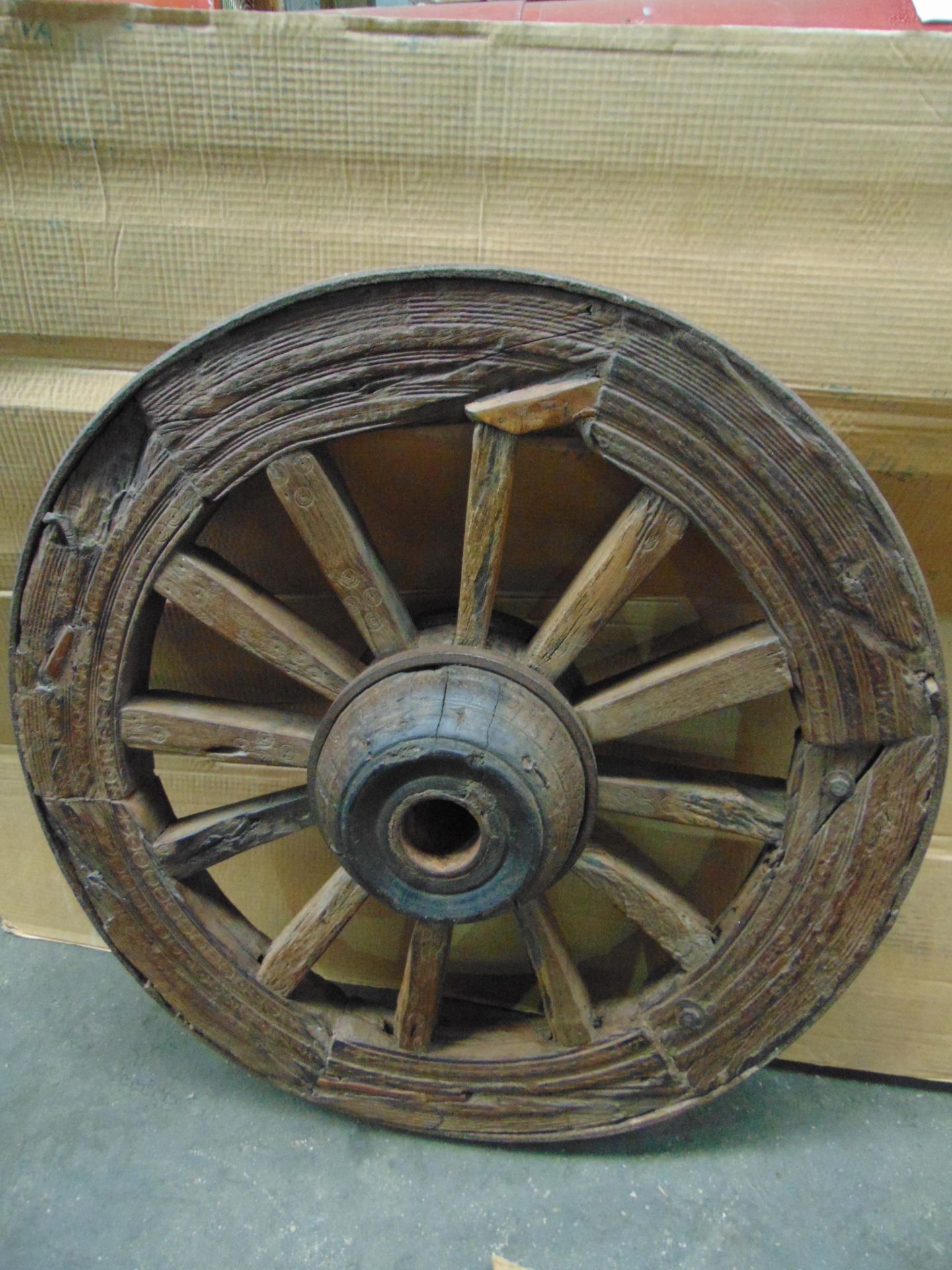 VERY RARE ANTIQUE WOODEN WAGON WHEEL WITH STEEL RIM, WOODEN SPOKES - 85 CMS