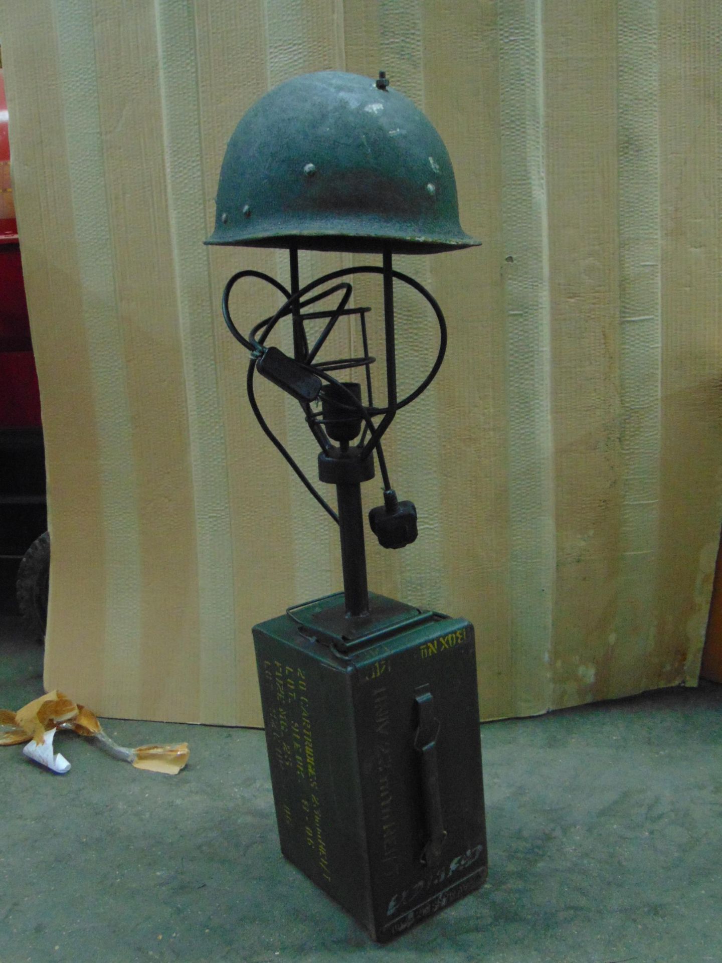 VERY UNUSUAL TABLE/SIDE LAMP MADE FROM ORIGINAL STEEL HELMET AND 50CAL AMMO BOX - Image 2 of 6