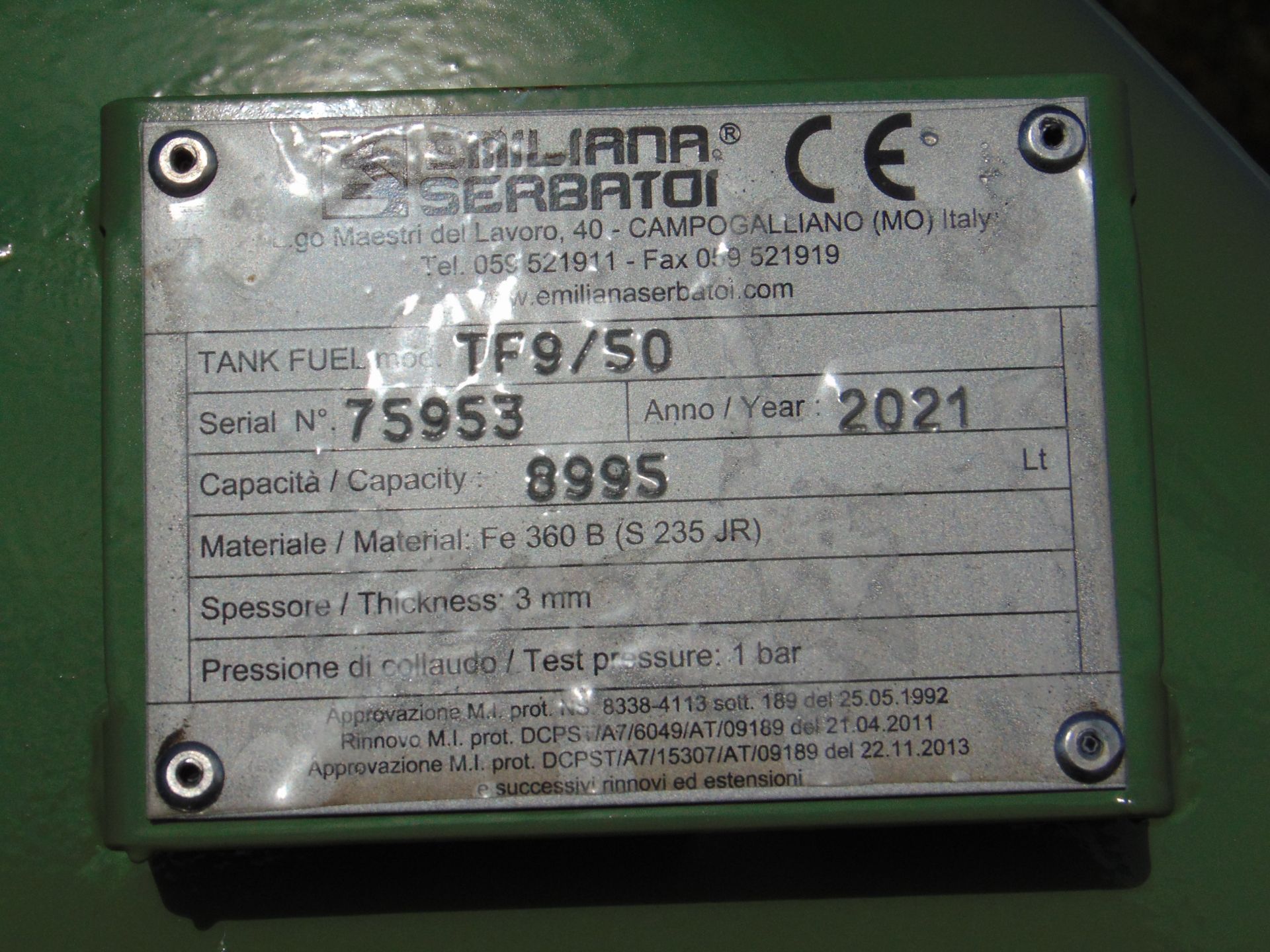 2021 Unused Emiliani Serbatoi 8995 litre bunded Static Fuel installation c/w 230V Pump meter ETC - Image 9 of 9