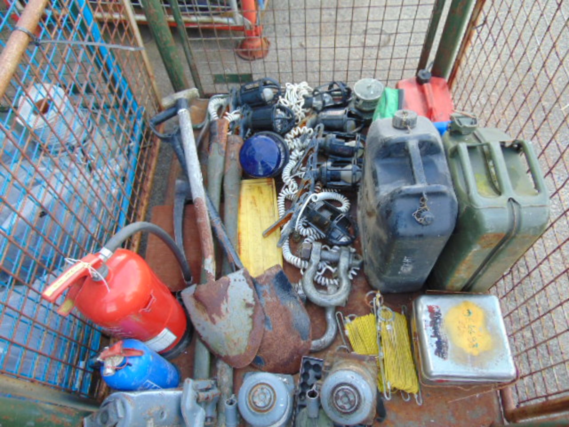 1 x Stillage of Vehicle CES Inc Jerry Cans, Jacks, D Shackles, Shovels etc