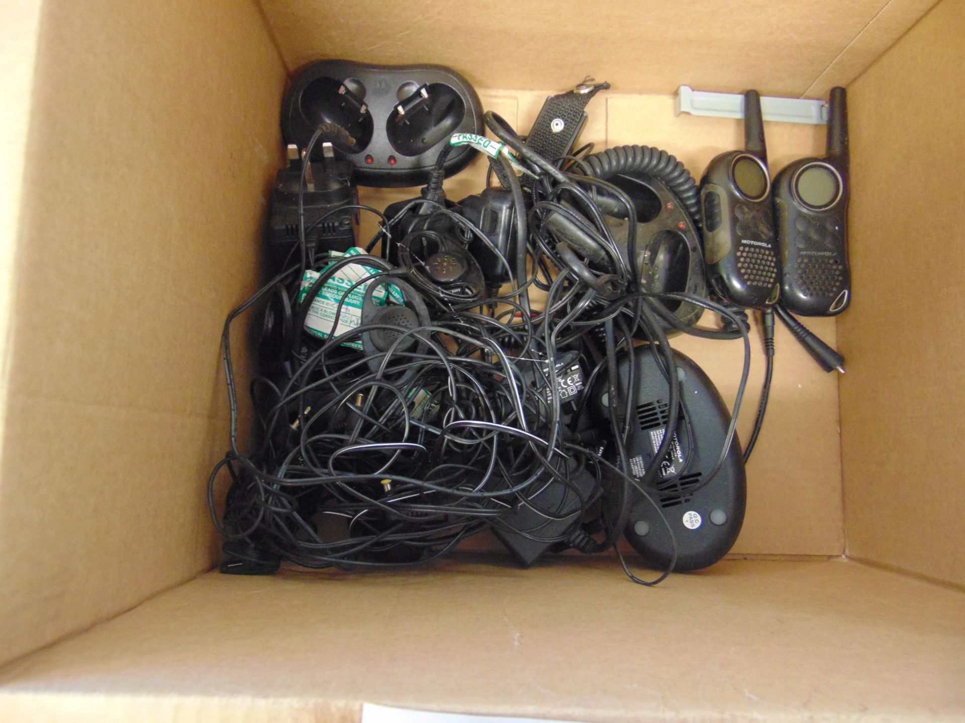 BOX OF MOTOROLA RADIOS, BATTERY CHARGES,. ETC