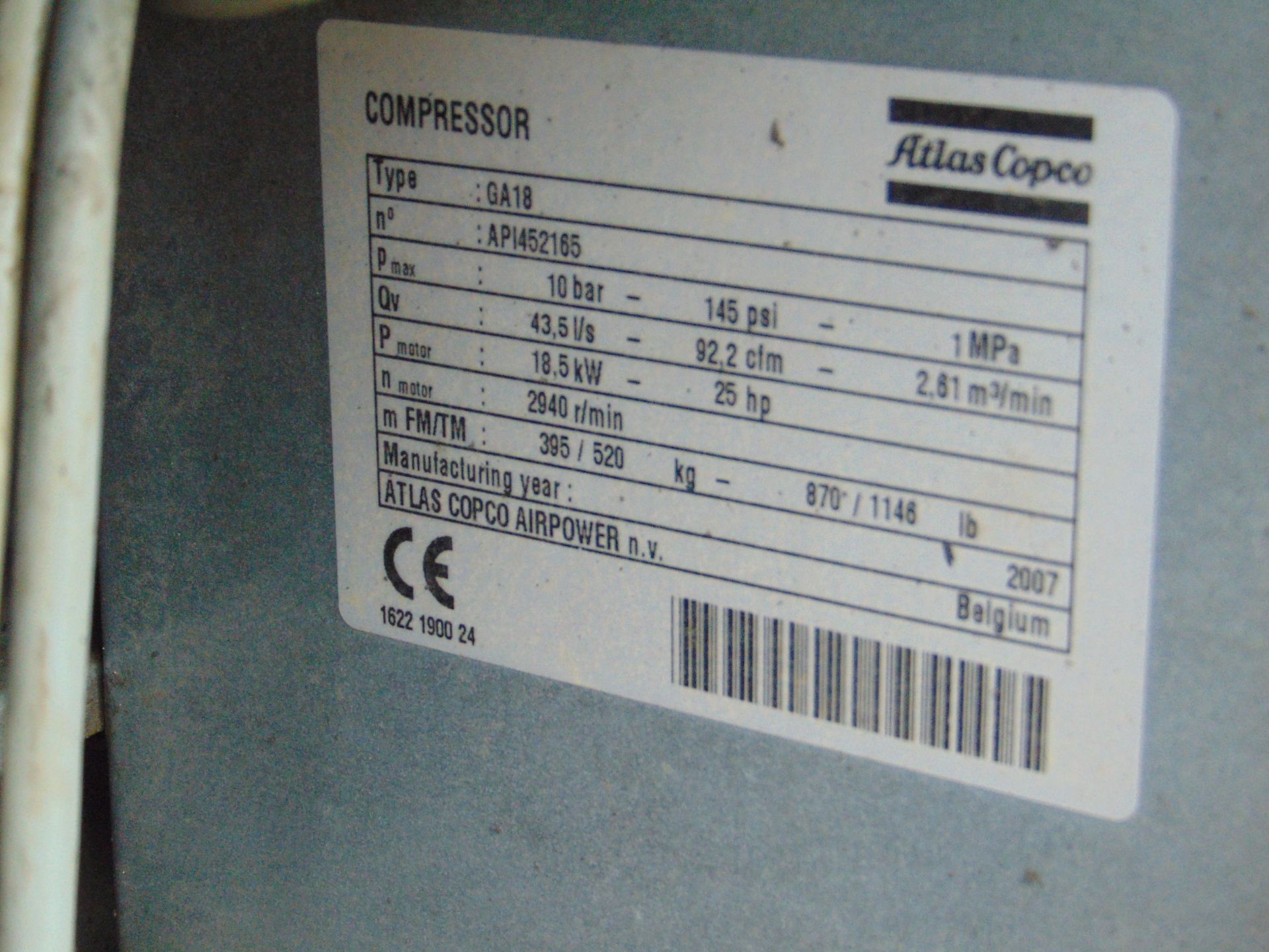 2007 ATLAS COPCO GA Workshop COMPRESSOR 145 Psi 3 Phase - Image 9 of 9