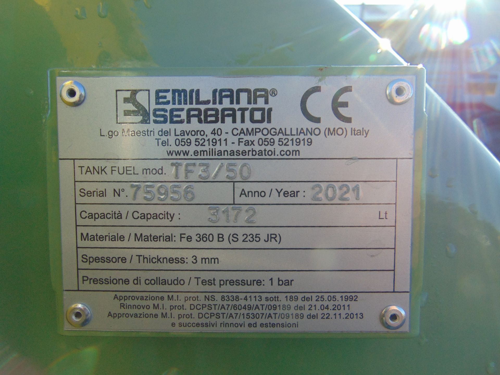 2020 Unused Emiliani Serbatoi 3172 litre bunded Static Fuel installation c/w 230 Volt Pump meter Etc - Image 14 of 14