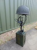 VERY UNUSUAL TABLE/SIDE LAMP MADE FROM ORIGINAL STEEL HELMET AND 50CAL AMMO BOX