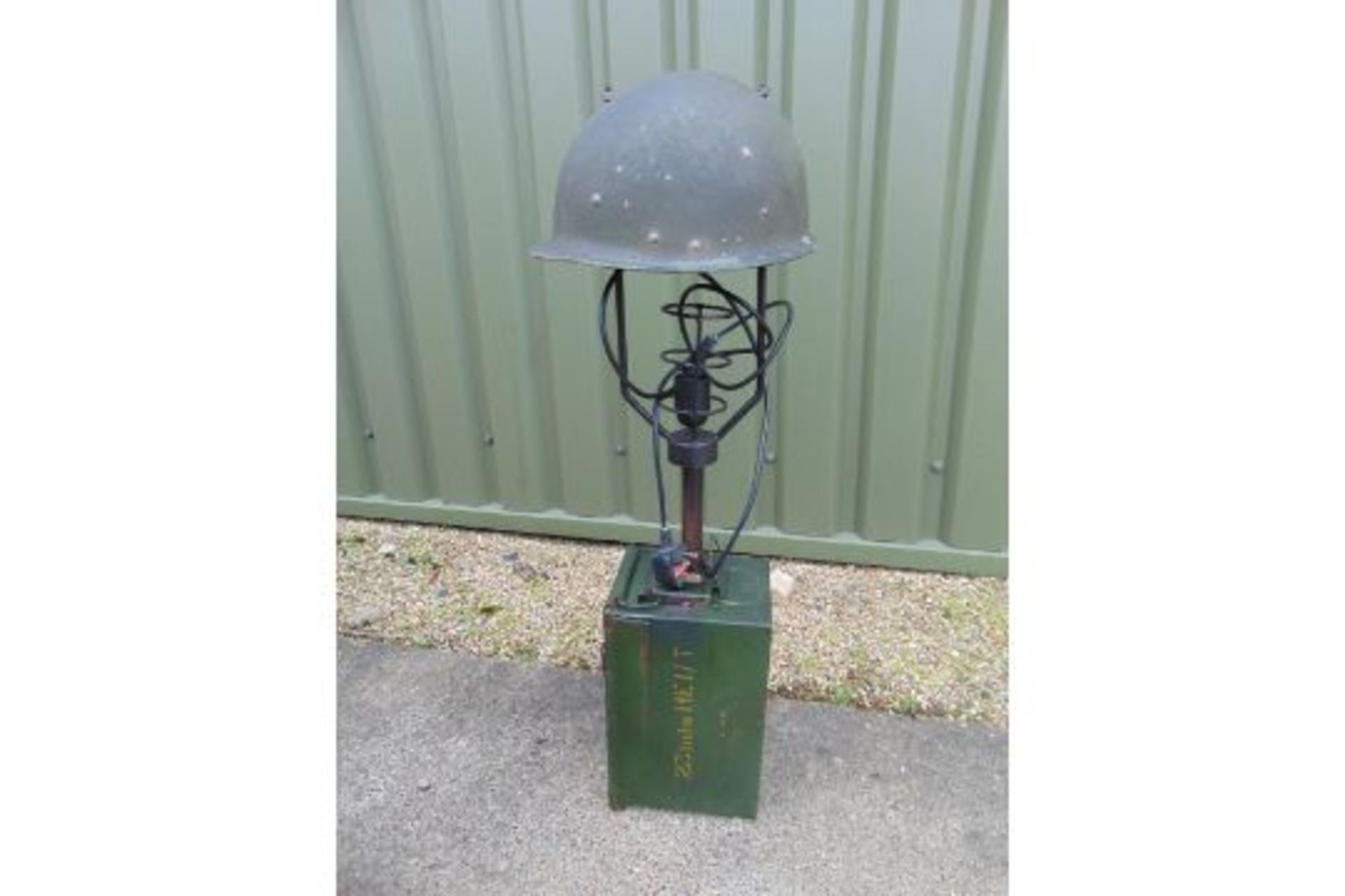 VERY UNUSUAL TABLE/SIDE LAMP MADE FROM ORIGINAL STEEL HELMET AND 50CAL AMMO BOX