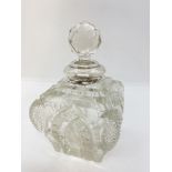Substantial art deco cut glass perfume bottle with faceted stopper, silver trim to neck,