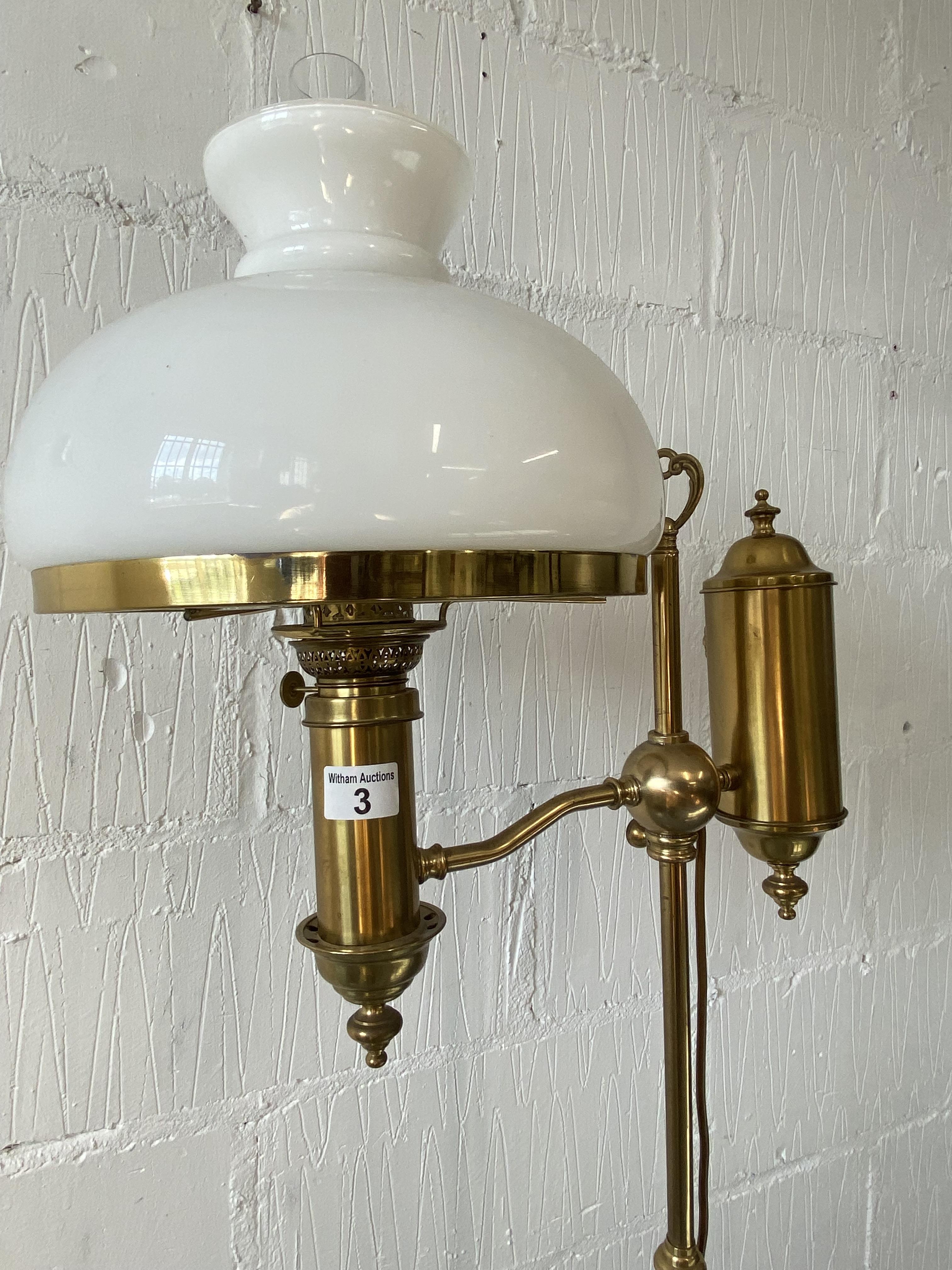 Standard brass floor lamp converted to electric, with glass funnel and glass shade - Image 2 of 2