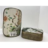 Two enamelled and white metal boxes of difference sizes depicting oriental scenes of bird and