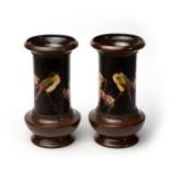 A pair of Bretby cylindrical vases with bird and blossom scenes, hand finished, stamped. Bretby 1883