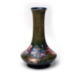 Moorcroft Anemone large Vase (green on blue) of ovoid form with long flared neck design, impressed W