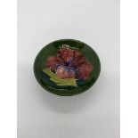 Moorcroft small trinket dish/bowl, Hibiscus design on green, impressed Moorcroft Made in England