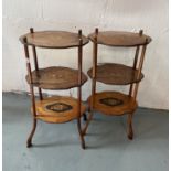 Two antique three their four legged display tables with inlaid detailing A/F