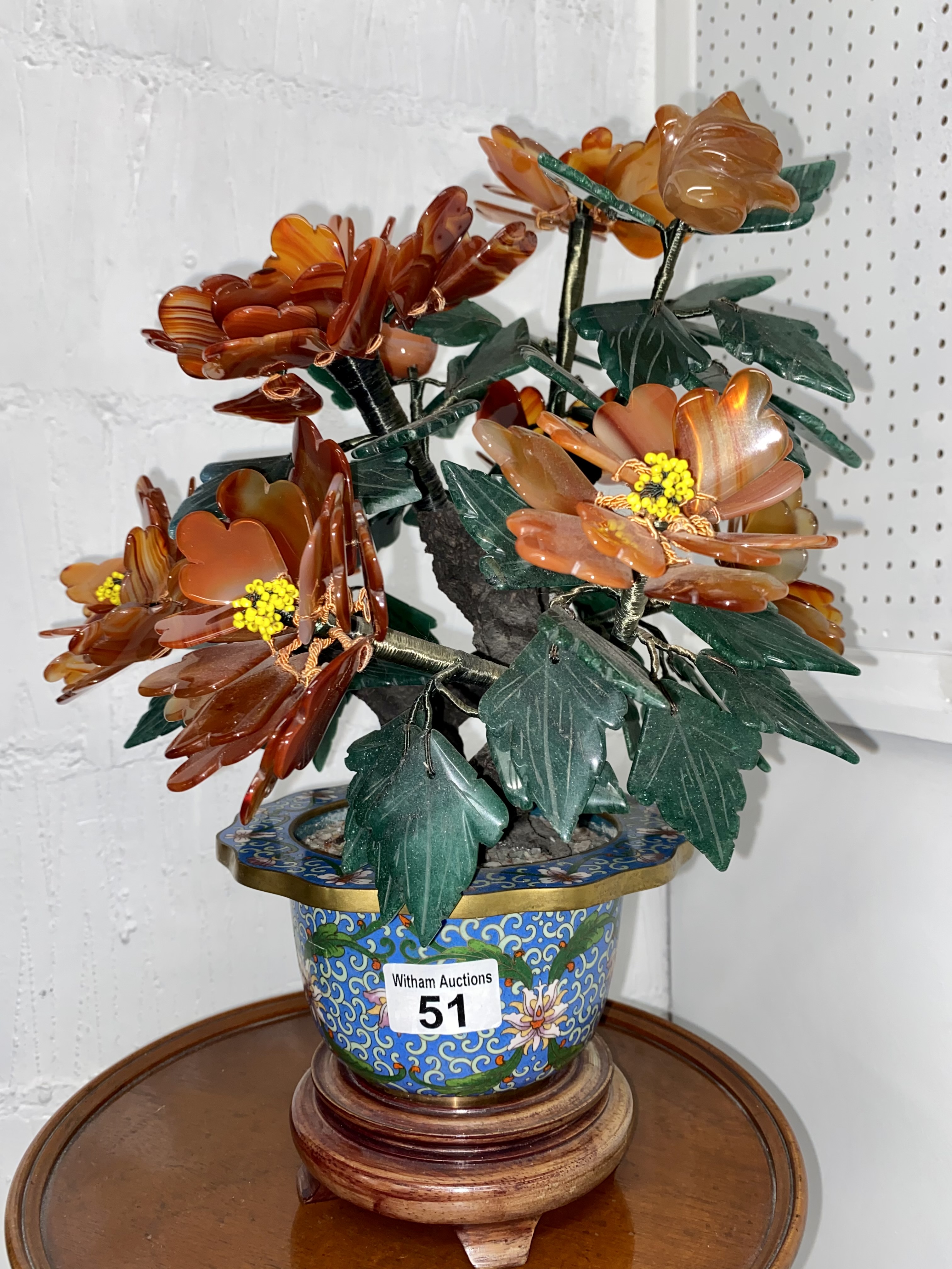 Chinese cloisonne planter containing a full bloom of flowers and hand carved petals derived of