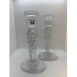 A pair of substantial cut crystal glass candlestick holders , approx. H26cm x W13cm