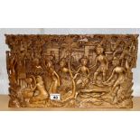 Indonesian hand carved wooden wall panel/mural depicting villager's preparing a feast scene A/F