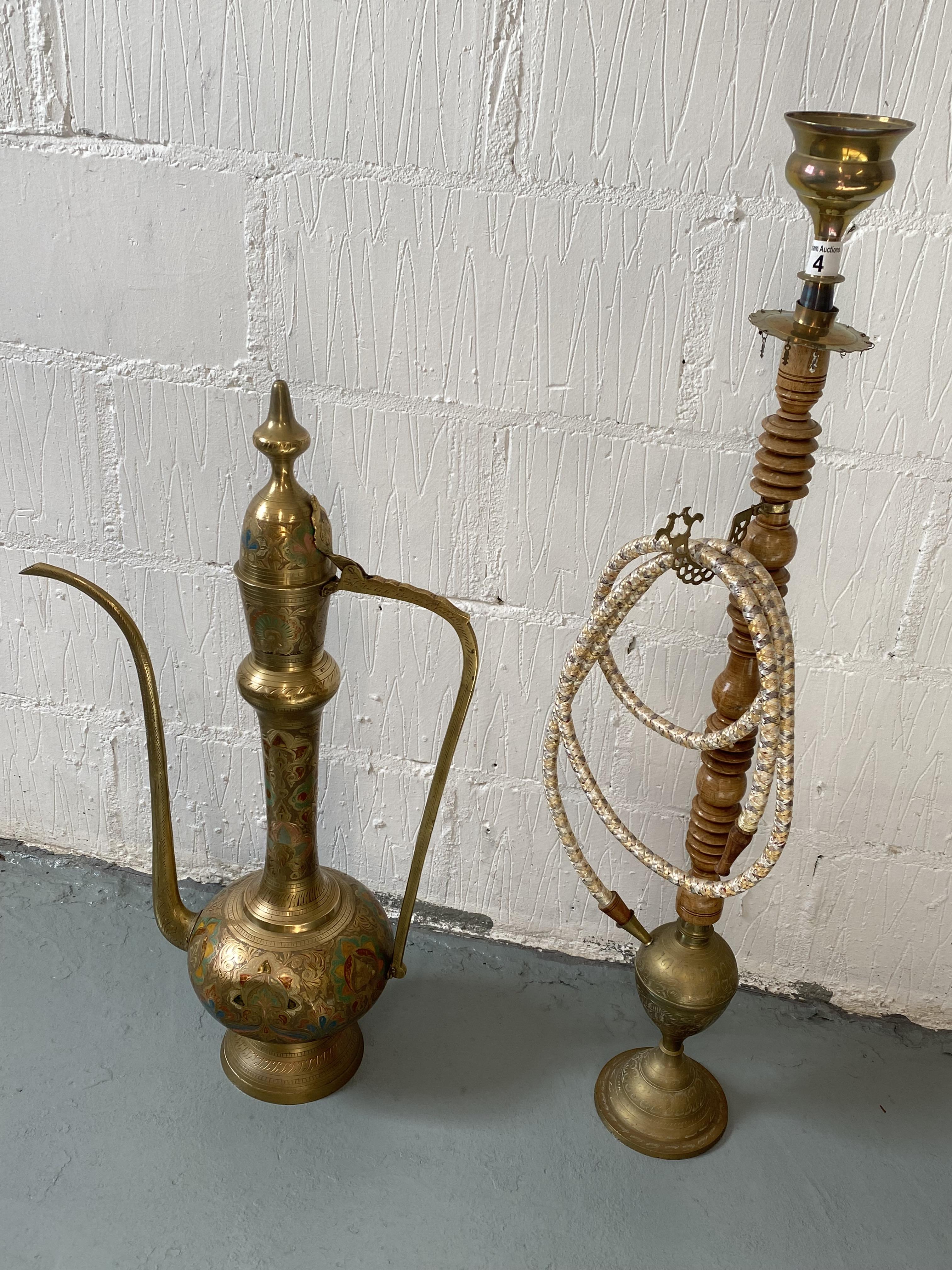 A Far Eastern/Indian Hookah pipe and decorative brass ewer (two items in lot)