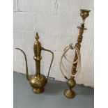 A Far Eastern/Indian Hookah pipe and decorative brass ewer (two items in lot)