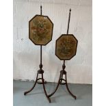 Two Regency tripod pole screens, each with a needlepoint silk floral spray panel, the boxwood strung