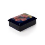 Moorcroft cobalt blue lidded rectangular dish with Hibiscus design to lid, Impressed Moorcroft to