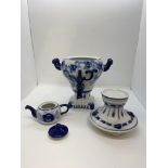 Gzeal Russian blue and white glazed ceramic samovar with floral design. Marked Handmade in Russia