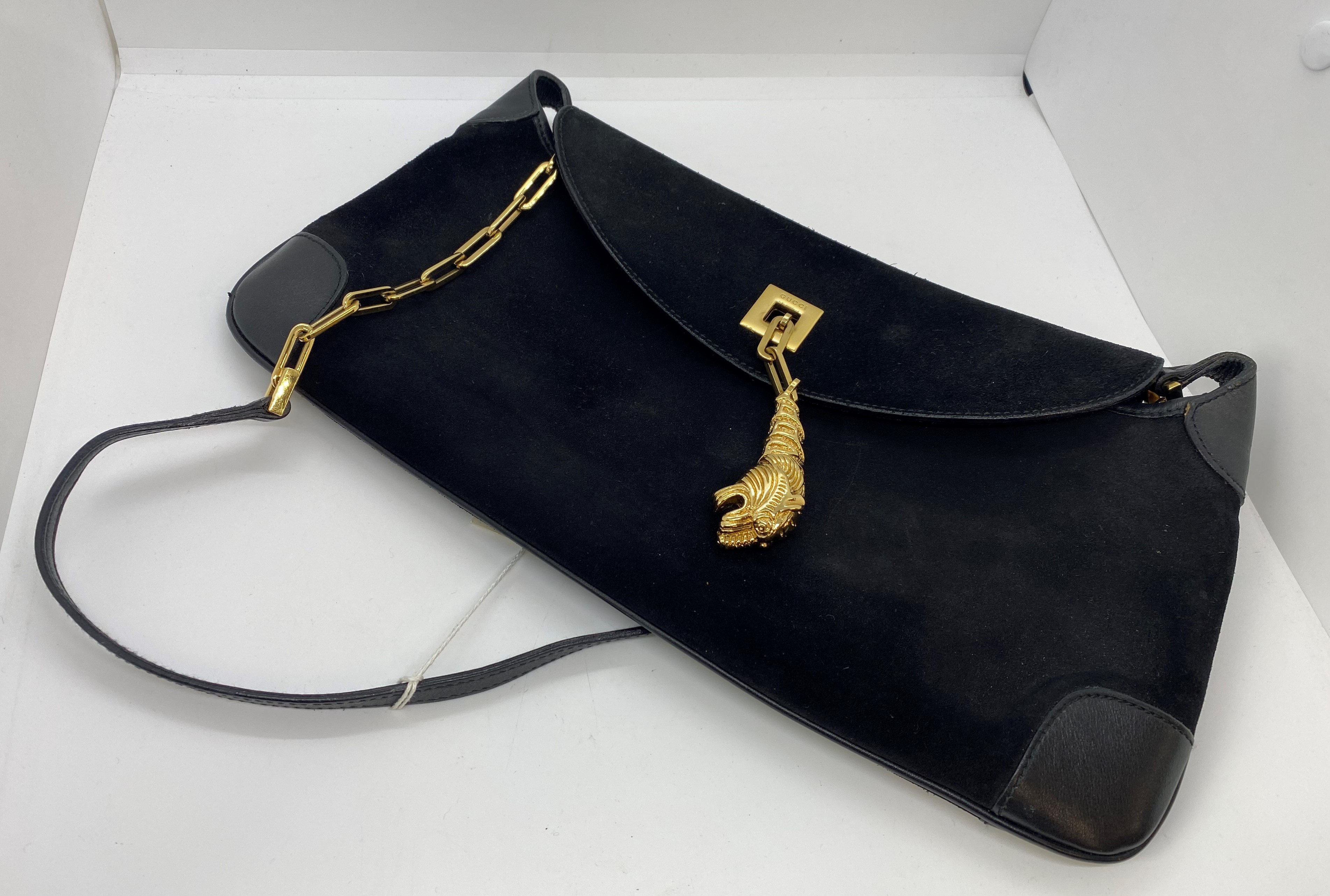 Gucci black suede shoulder bag, with a gold-tone tiger's head clasp and black leather detailing, - Image 3 of 5